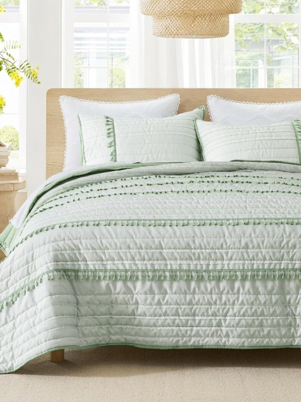 Jacquard Boho Quilt Set Queen, 3-Piece Sage Green Bedspread with Tassel Fringe
